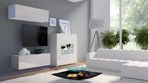 Meblościanka PRESTIŻ 9 Biała Szafka RTV 100 cm Połysk Witryna LED Do Salonu