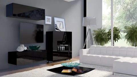 Meblościanka PRESTIŻ 9 RTV 100 cm Czarna Szafki Połysk Witryna LED