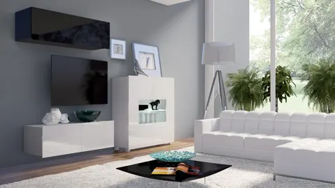 Meblościanka PRESTIŻ 9 RTV 100 cm Czarna Biała Szafki Połysk Witryna LED