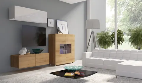 Meblościanka PRESTIŻ 9 RTV 100 cm Dąb Złoty Biały Połysk Szafki Witryna LED