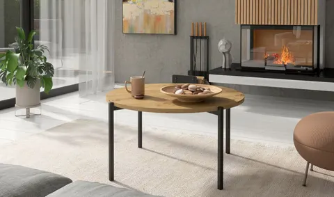 Stolik Kawowy SIGMA SM-01 Dąb Artisan Do Salonu Czarne Metalowe Nogi Okrągły
