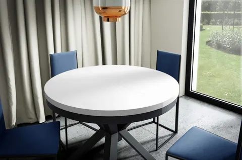 Stół NARWIK 100 - 176 Okrągły Rozkładany Blat Biel Arktyczna Nogi Czarne Loft