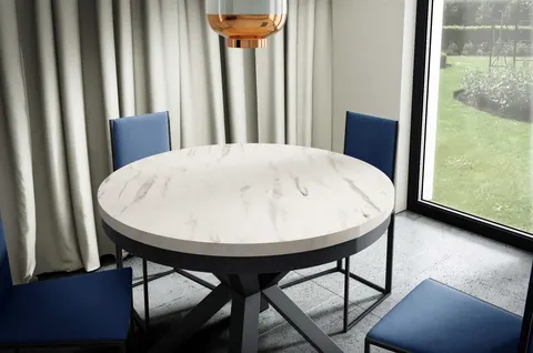 Stół NARWIK 100 - 176 Okrągły Rozkładany Blat Marmur Bianco Nogi Czarne Loft