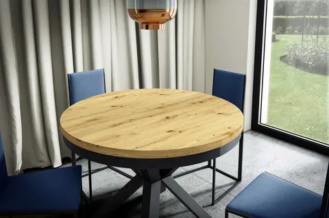 Stół NARWIK 100 - 176 Okrągły Rozkładany Blat Dąb Artisan Nogi Czarne Loft