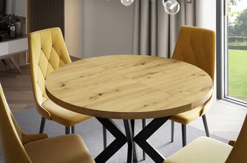 Stół EDDER 120 - 196 z Obręczą Okrągły Rozkładany Blat Dąb Artisan Nogi Czarne Loft