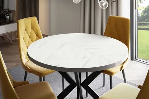 Stół EDDER 100 - 176 Okrągły Rozkładany Blat Marmur Bianco Nogi Czarne Loft