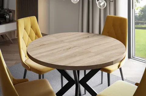 Stół EDDER 90 - 166 Okrągły Rozkładany Blat Dąb Sonoma Nogi Czarne Loft