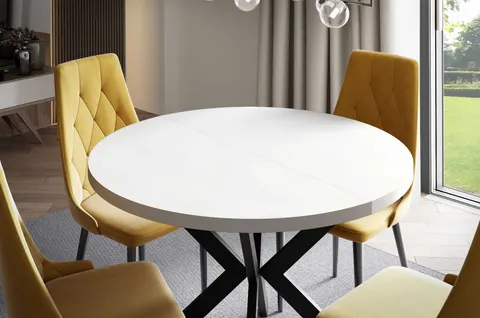Stół EDDER 90 - 166 Okrągły Rozkładany Blat Biel Arktyczna Nogi Czarne Loft