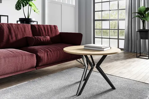 Stolik Kawowy MOSS 75 cm Okrągły Blat Dąb Craft Złoty Nogi Czarne Loft