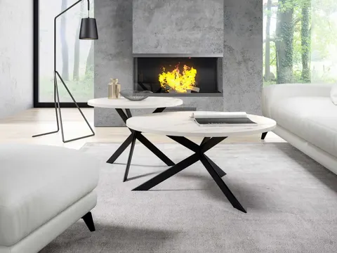 Stolik Kawowy LIBRE 75 cm + 58 cm Okrągły Blat Marmur Bianco Nogi Czarne Loft