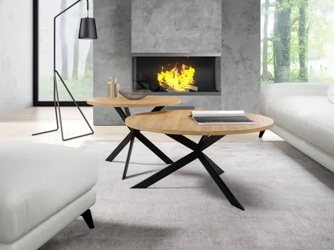 Stolik Kawowy LIBRE 75 cm + 58 cm Okrągły Blat Dąb Craft Złoty Nogi Czarne Loft