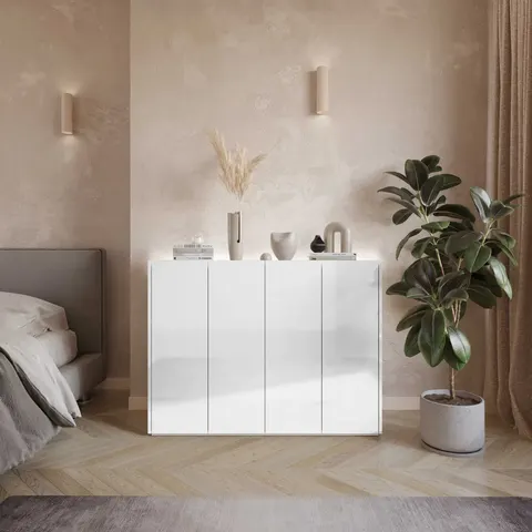 Komoda EASY Szerokość 126 cm Biała Połysk / Dąb Scandi Oświetlenie LED Czterodrzwiowa EA2BDS