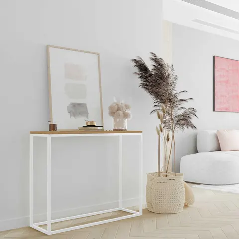 Konsola BIANCO Szerokość 80 cm Blat Dąb Wotan Stelaż Biały Mat Do Przedpokoju Styl Loft