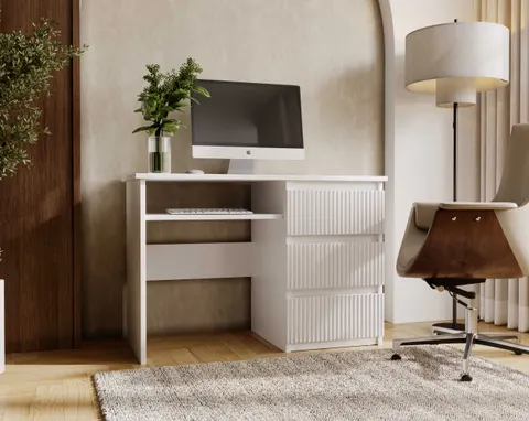 Biurko FLEXI DESK Szerokość 110 cm Białe Prawe Ryflowane Fronty 3-Szuflady Ergonomiczne Nowoczesne