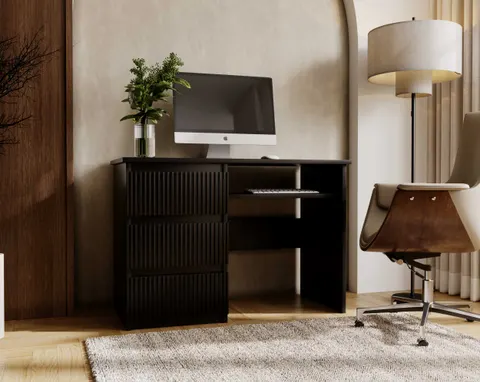 Biurko FLEXI DESK Szerokość 110 cm Czarne Lewe Ryflowane Fronty 3-Szuflady Ergonomiczne Nowoczesne