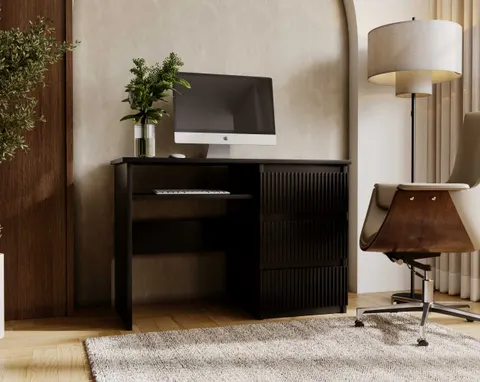 Biurko FLEXI DESK Szerokość 110 cm Czarne Prawe Ryflowane Fronty 3-Szuflady Ergonomiczne Nowoczesne