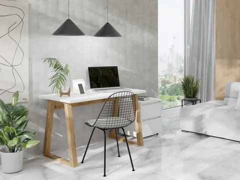 Biurko FIGATE Szerokość 130 cm Dąb Artisan / Biały Ergonomiczne Nowoczesne Loftowe Kontenerek