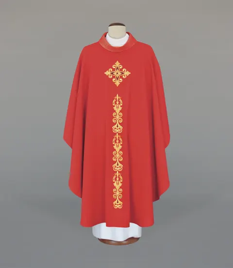 Czerwony ornat liturgiczny z efektownym pasem