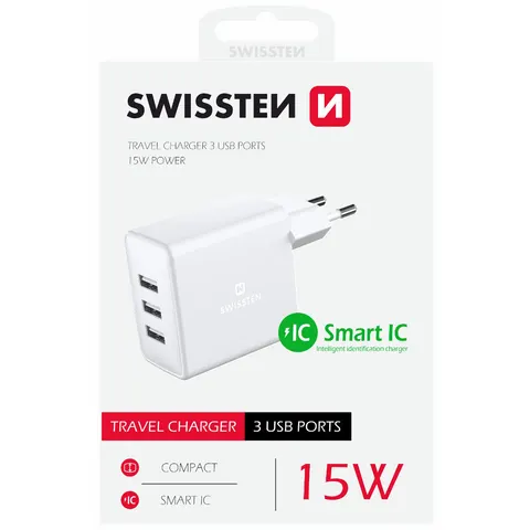 SWISSTEN adapter sieciowy 3x USB, 15W, SMART IC - biały