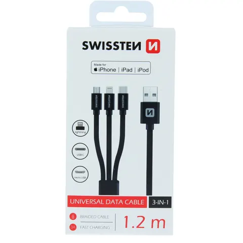 SWISSTEN tekstylny kabel do transmisji danych 3v1 1,2 m