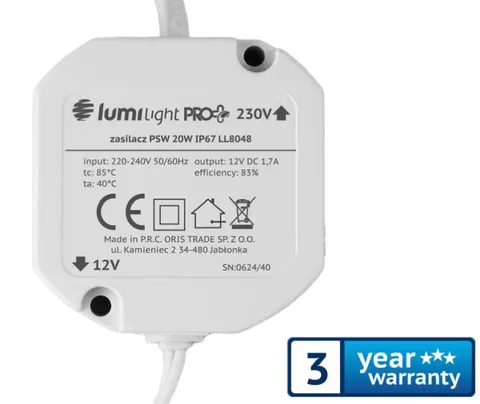 PSW20W zasilacz impulsowy dopuszkowy 12V / 1,7A / 20W, IP67