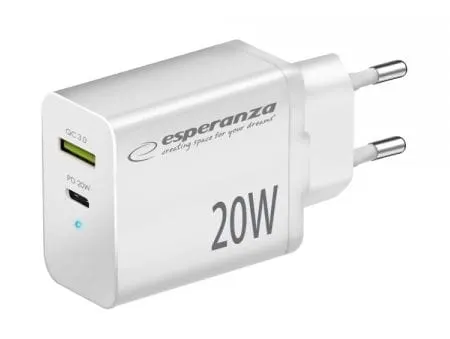 EZC105W Szybka ładowarka sieciowa USB-C PD, USB-A QC 3.0 moc 20W, kolor biały