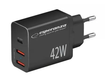 EZC106K szybka ładowarka sieciowa USB C PD 30W / 2x USB A 12W, moc 42W, czarna