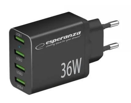 EZC107K szybka ładowarka sieciowa 4x USB A QC 3.0 18W, moc 36W, czarna