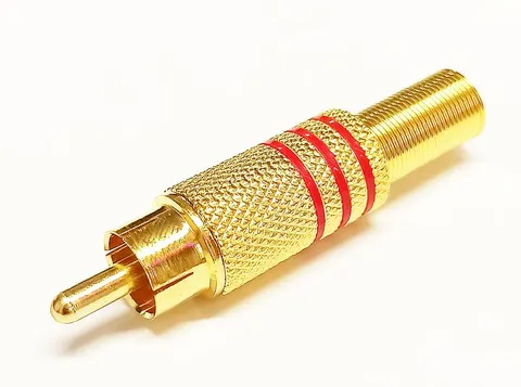 Wtyk RCA (chinch) lutowany na przewód złoty 6,7mm, czerwony