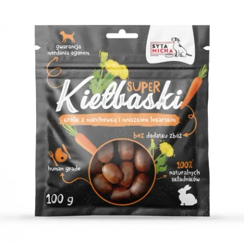 SYTA MICHA Super Kiełbaski z Królikiem, Marchewką i Mniszkiem 100g
