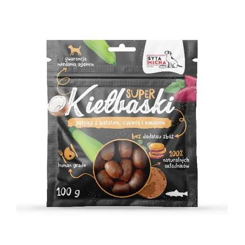 Super kiełbaski z pstrągiem, batatem, cukinią i kokosem 100g