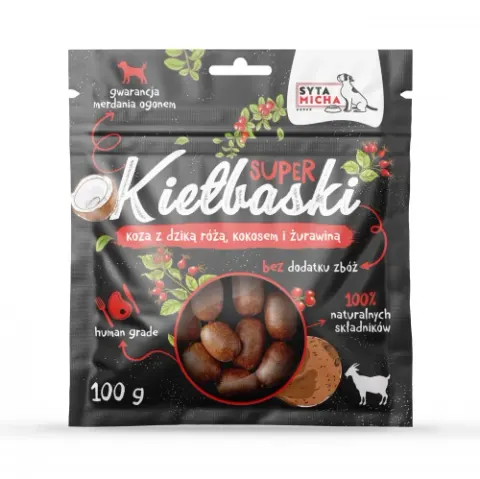 SYTA MICHA Super Kiełbaski z Kozą, Dziką Różą i Kokosem 100g