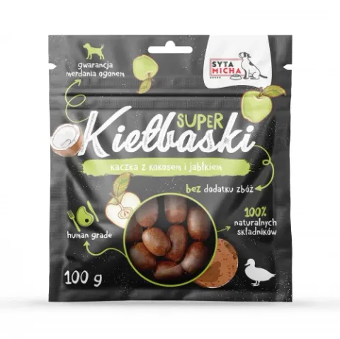 SYTA MICHA Super Kiełbaski z Kaczką, Kokosem i Jabłkiem 100g