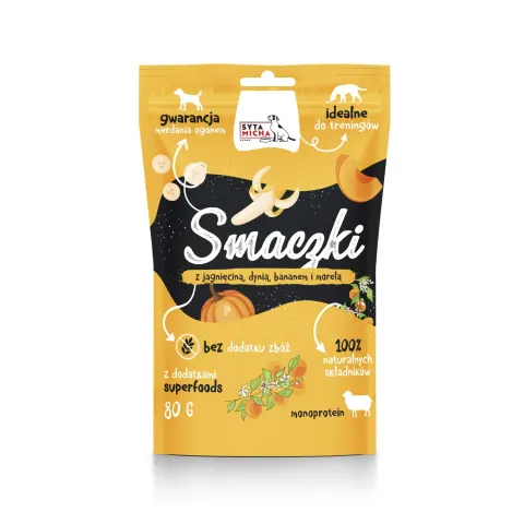 SYTA MICHA Smaczki z Jagnięciną, Dynią, Bananem i Morelą dla Psa 80g