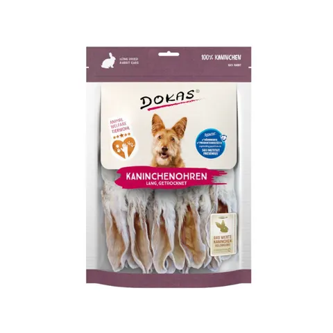 DOKAS Gryzaki dla psów - Uszy królicze z sierścią - 180 g
