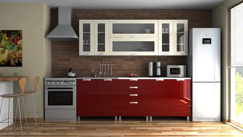 Kuchnia EGINA madera 2,2 m Wanilia Połysk Z Bordowym Połyskiem