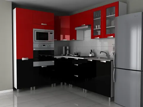 Kuchnia Narożna MILOS madera 1,9 m Czerwony Połysk Z Czarnym Połyskiem