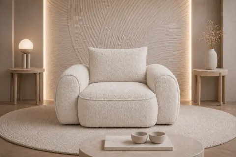 Fotel FLAVIO 120 cm tapicerowany, beżowy boucle