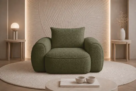Fotel FLAVIO 120 cm tapicerowany, oliwkowy boucle