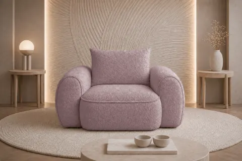 Fotel FLAVIO 120 cm tapicerowany, różowe boucle