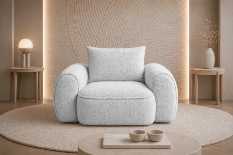 Fotel FLAVIO 120 cm tapicerowany, jasny szary boucle