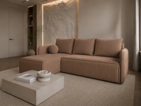 Narożnik FIRE SLIM 214 cm sztruksowy Toffee, Z Funkcją Spania