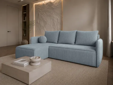 Narożnik FIRE SLIM 214 cm sztruksowy Błękitny, Z Funkcją Spania