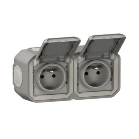 NOWE PLEXO Gniazdo natynkowe podwójne z uziemieniem poziome hermetyczne IP55 16A 250V, szybkozłaczki, szare; 069768L LEGRAND