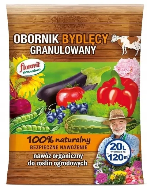Florovit Obornik bydlęcy Pro Natura 20L granulowany, naturalny i ekologiczny nawóz organiczny do warzyw, owoców i roślin ozdobnych, żyzna gleba, dzia