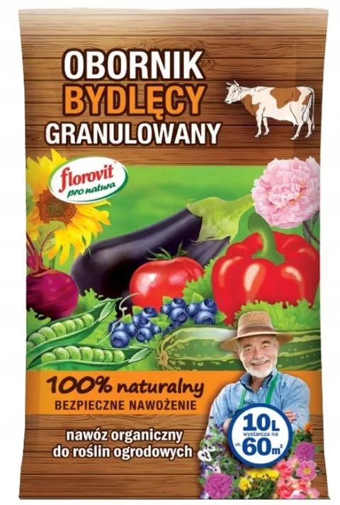 Florovit Obornik bydlęcy Pro Natura 10L granulowany, naturalny i ekologiczny nawóz organiczny do warzyw, owoców i roślin ozdobnych, żyzna gleba, dzia