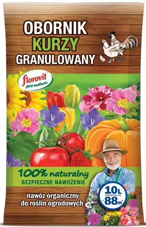 Florovit Obornik kurzy Pro Natura 10L granulowany, naturalny i ekologiczny nawóz organiczny do warzyw, owoców i roślin ozdobnych, żyzna gleba, działa