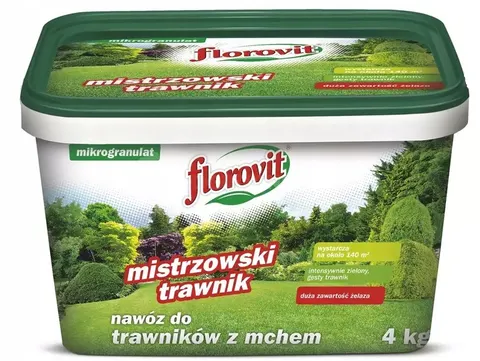 Nawóz do trawników z mchem 4kg FLOROVIT Mistrzowski trawnik, duża zawartość żelaza, intensywnie zielony i gęsty trawnik
