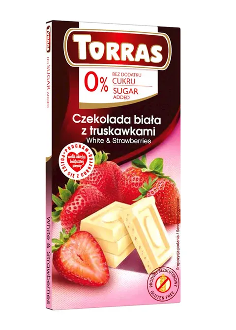 Czekolada Biała z Truskawkami bez dodatku cukru bezglutenowa 75g - Torras