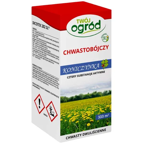 Koniczynka Dicotex 202 SL 250ml Twój Ogród zwalcza chwasty dwuliścienne w trawniku, cztery substancje aktywne, mniszek, babka
